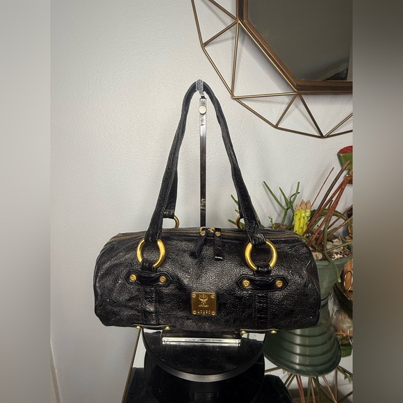 MCM Leather Cylinder Tote Bag with gold hardware